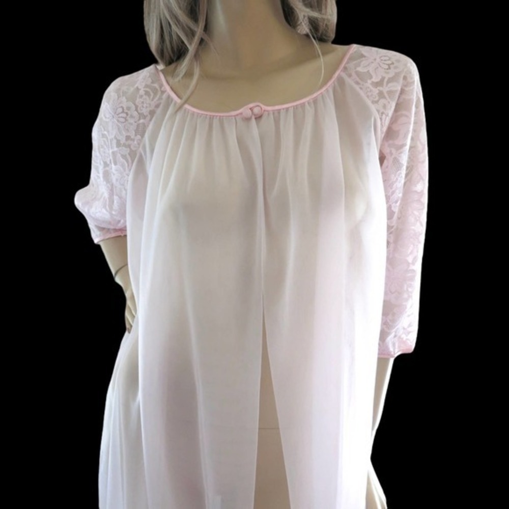 60s Pink Chiffon Peignoir M NWT Angelic Coquette Dollette Retro Glam Duster Gaze - Picture 2 of 8